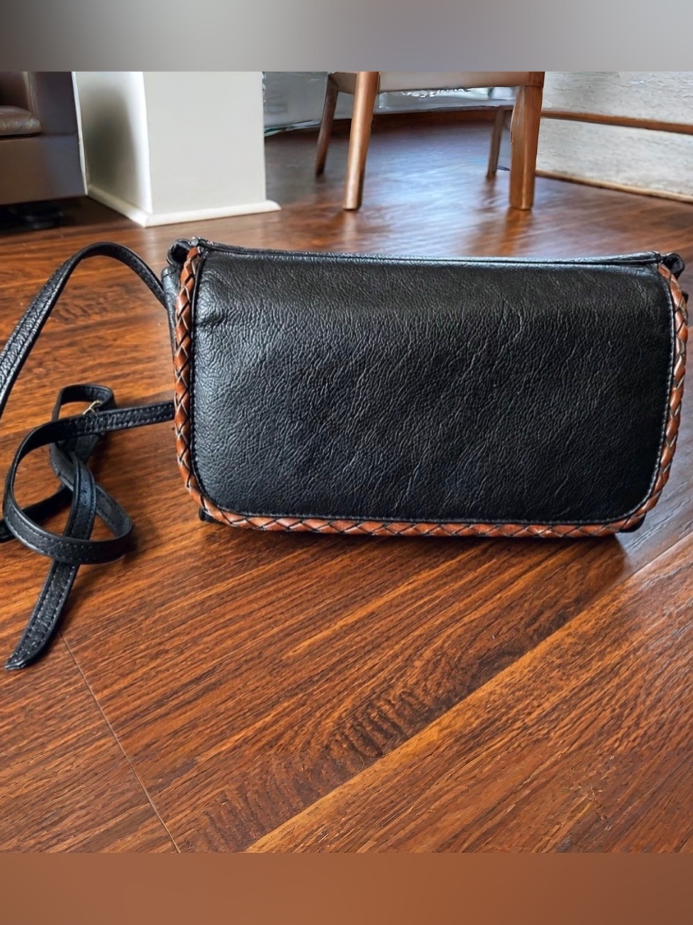 Black Crossbody Leather Bag with Brown Braided Trim